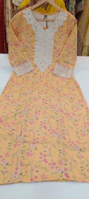 Label khoj linen printed kurti with Crochio neck work