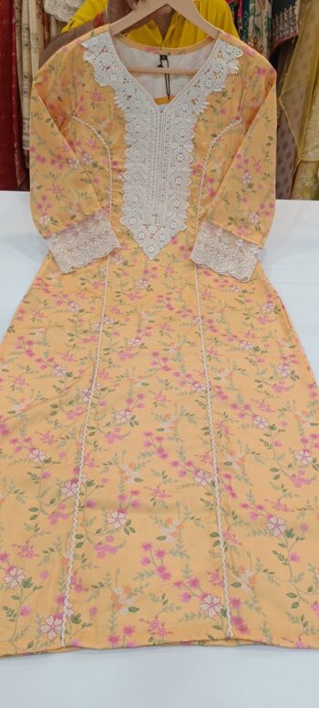 Label khoj linen printed kurti with Crochio neck work