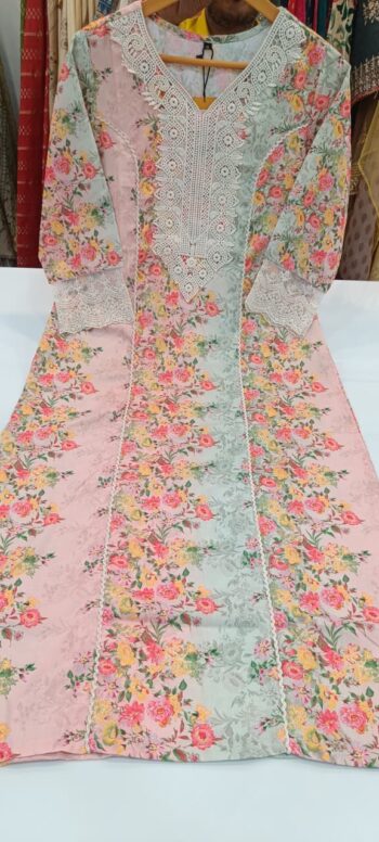 Label khoj linen printed kurti with Crochio neck work