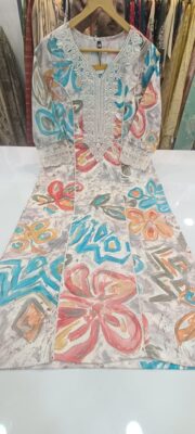 Label khoj linen printed kurti with Crochio neck work