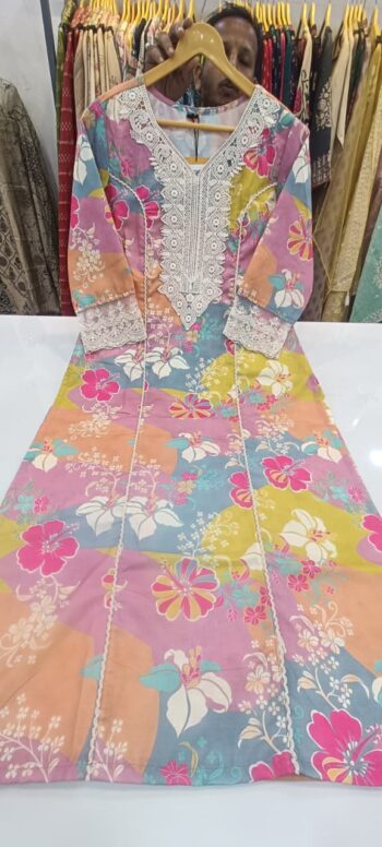 Label khoj linen printed kurti with Crochio neck work