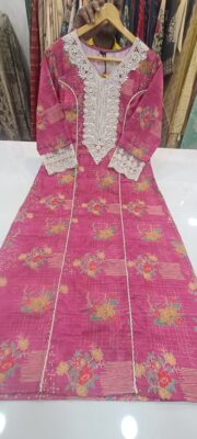 Label khoj linen printed kurti with Crochio neck work