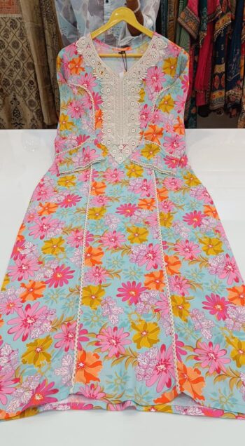 Label khoj viscose rayon printed kurti and sleeve lace