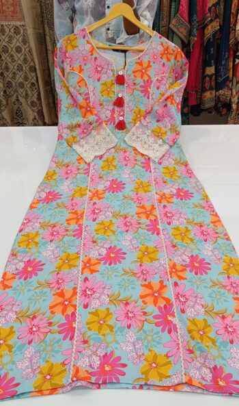 Label khoj viscose rayon printed kurti and sleeve lace