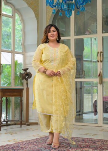 Label Khoj Women's Chanderi Embroidered Kurta with Pant and Dupatta