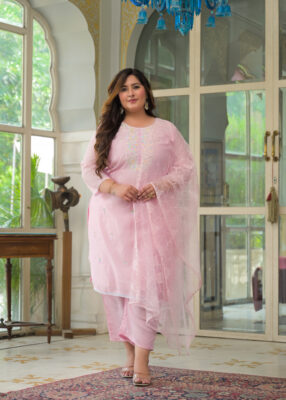 Label Khoj Women's Chanderi Embroidered Kurta with Pant and Dupatta