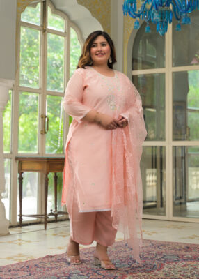 Label Khoj Women's Chanderi Embroidered Kurta with Pant and Dupatta