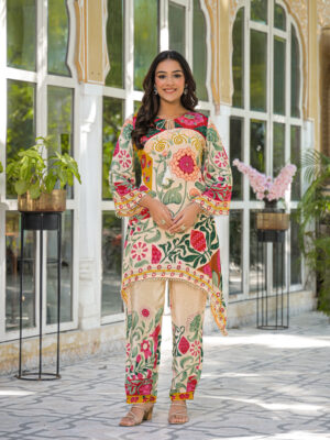 Label khoj Natural crepe with hand work Two piece